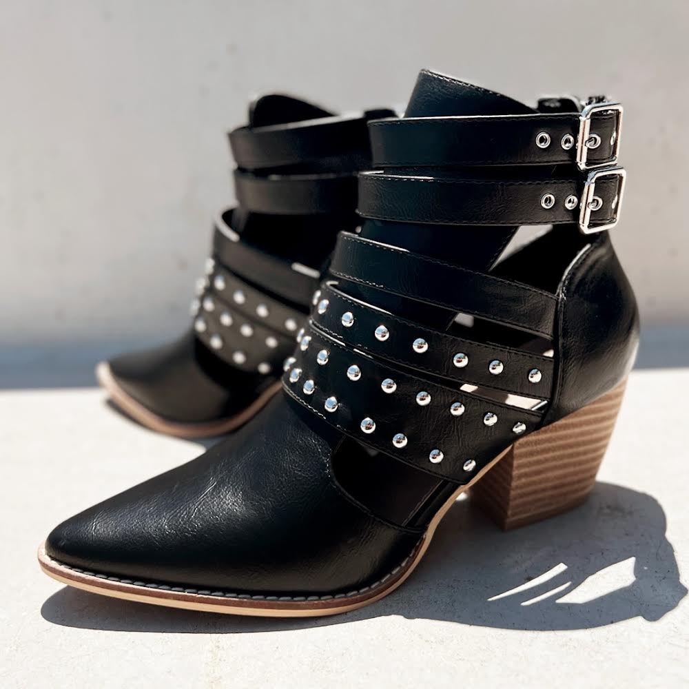 NEW Black Studded Cutout Buckle Strap Pointy
Toe Block Heel Ankle Booties Vegan